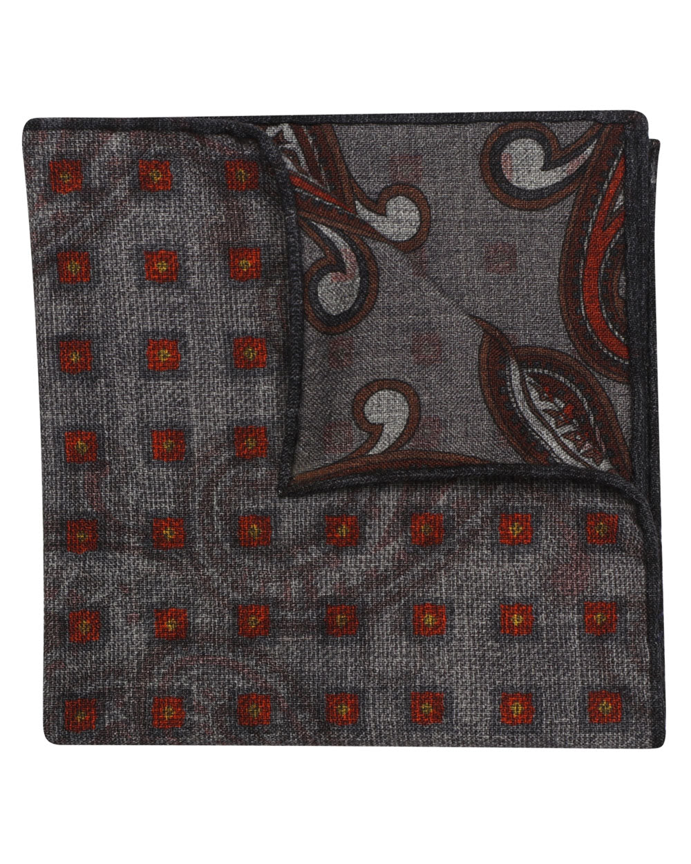Grey and Rust Geometric Paisley Reversible Wool Pocket Square