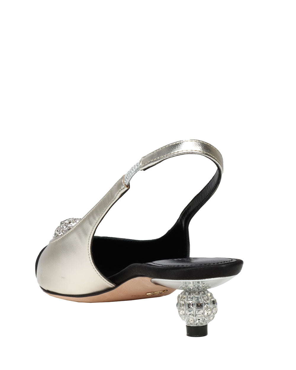 Crystal Button Laminated Leather Slingback in Silver