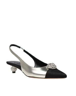 Crystal Button Laminated Leather Slingback in Silver