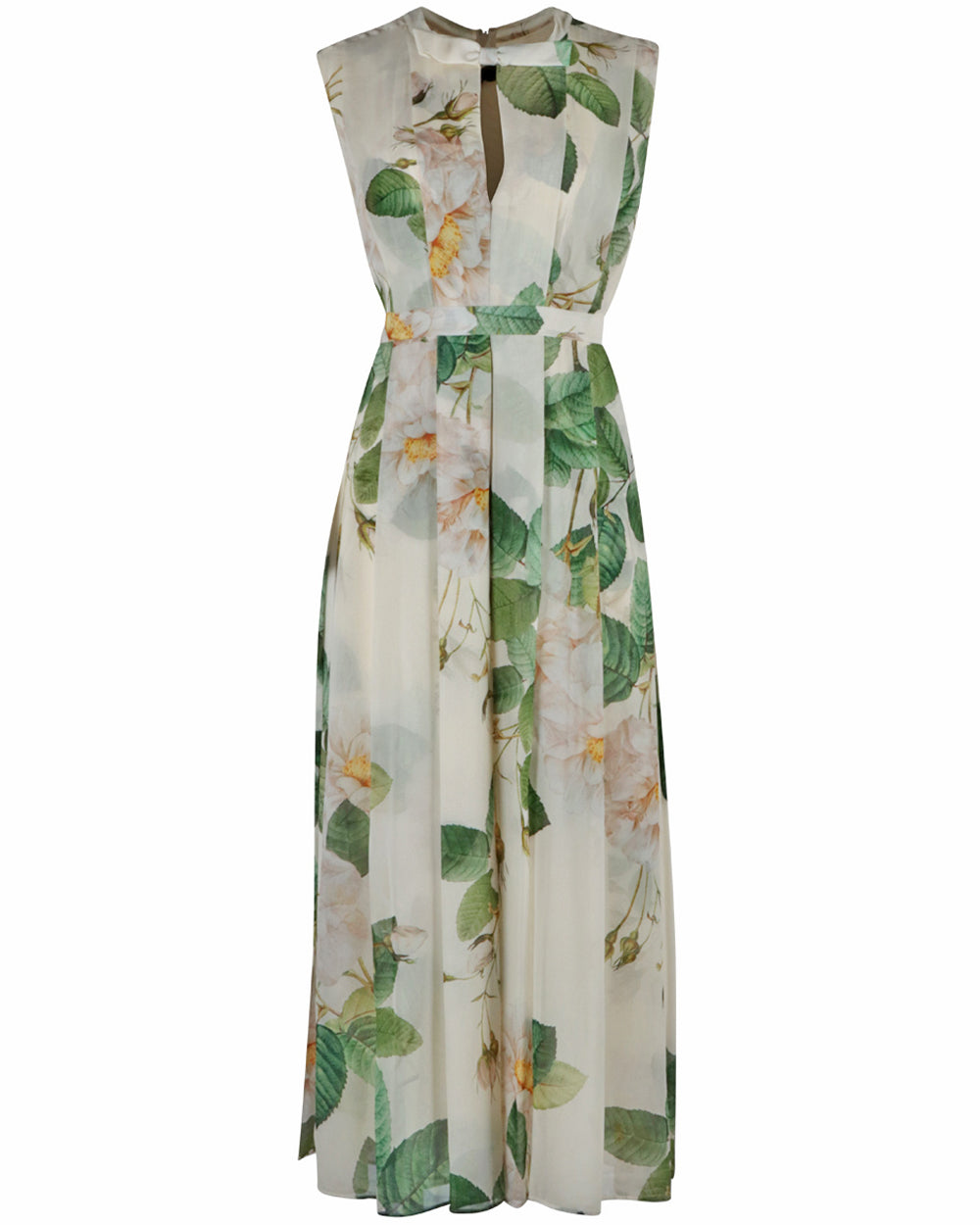 Ivory and Green Georgette Magnolia Print Dress