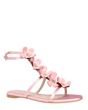 Satin Embroidered Flower Flat Sandal in Rose Quartz