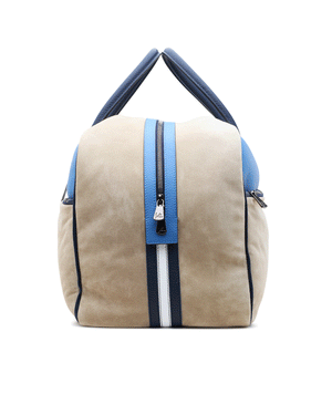 Blue and Beige Leather and Suede Weekender Bag