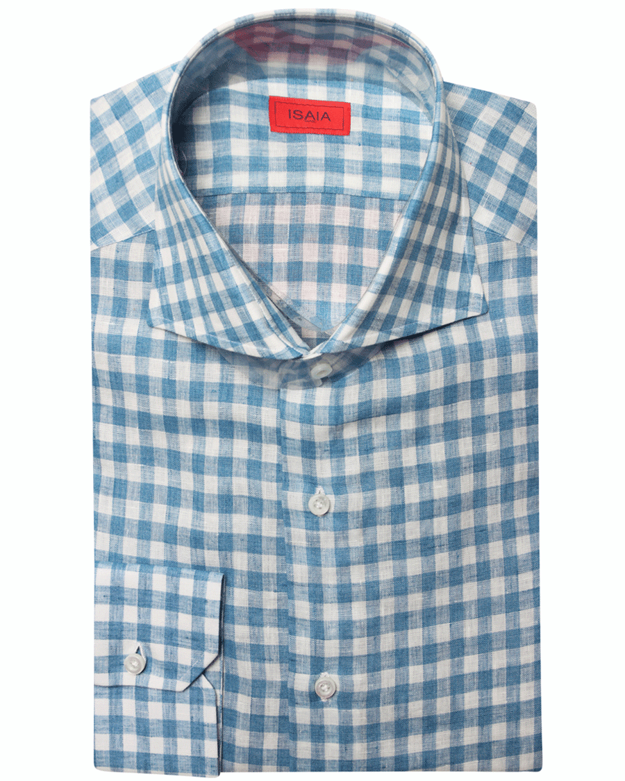 Blue and White Checked Linen Dress Shirt