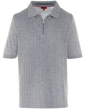 Grey Wool Blend Brioche Knit Short Sleeve Quarter Zip Polo