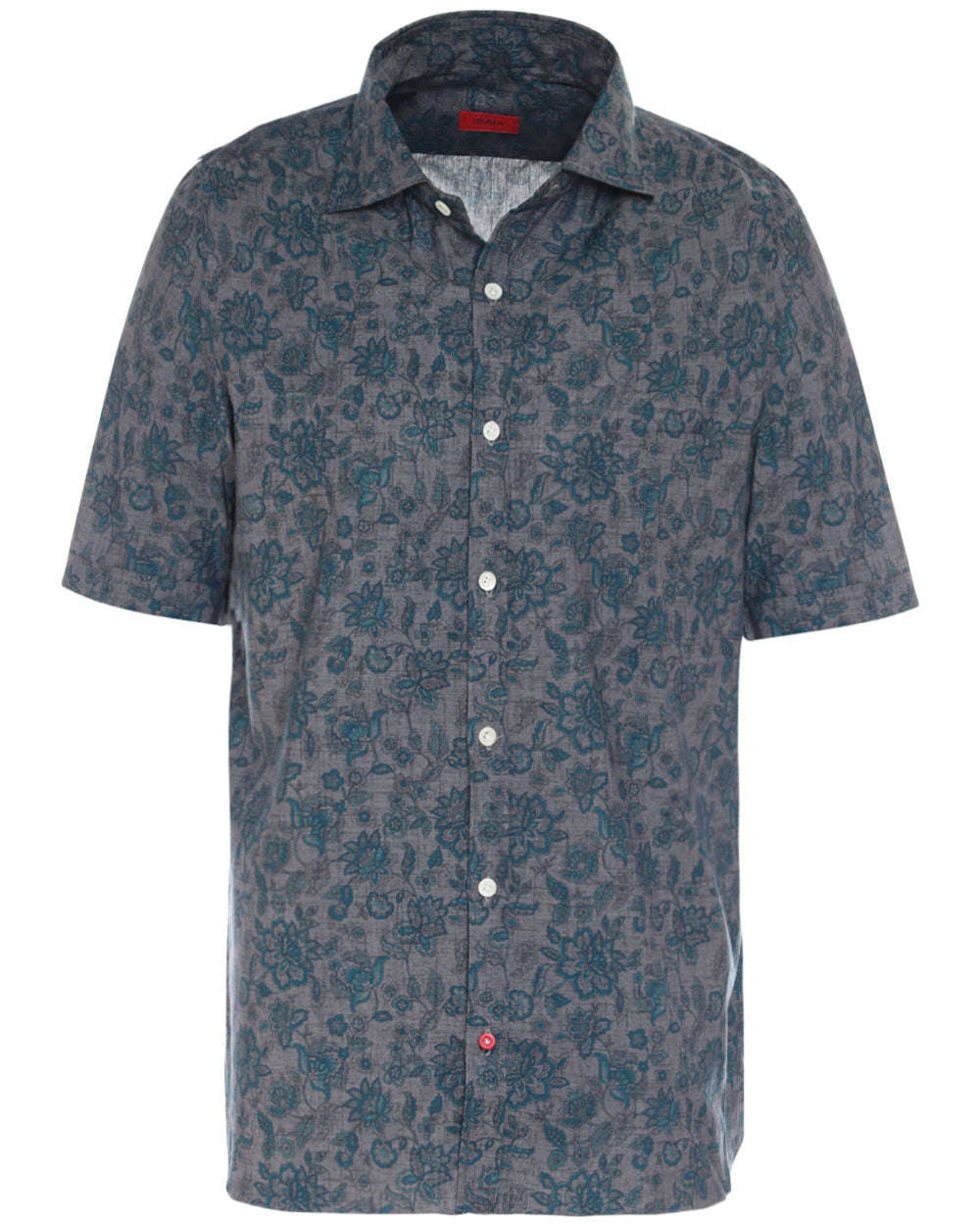 Grey and Teal Floral Print Cotton Short Sleeve Sportshirt