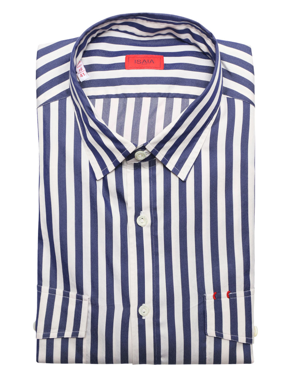 White and Navy Wide Striped Cotton Blend Sportshirt