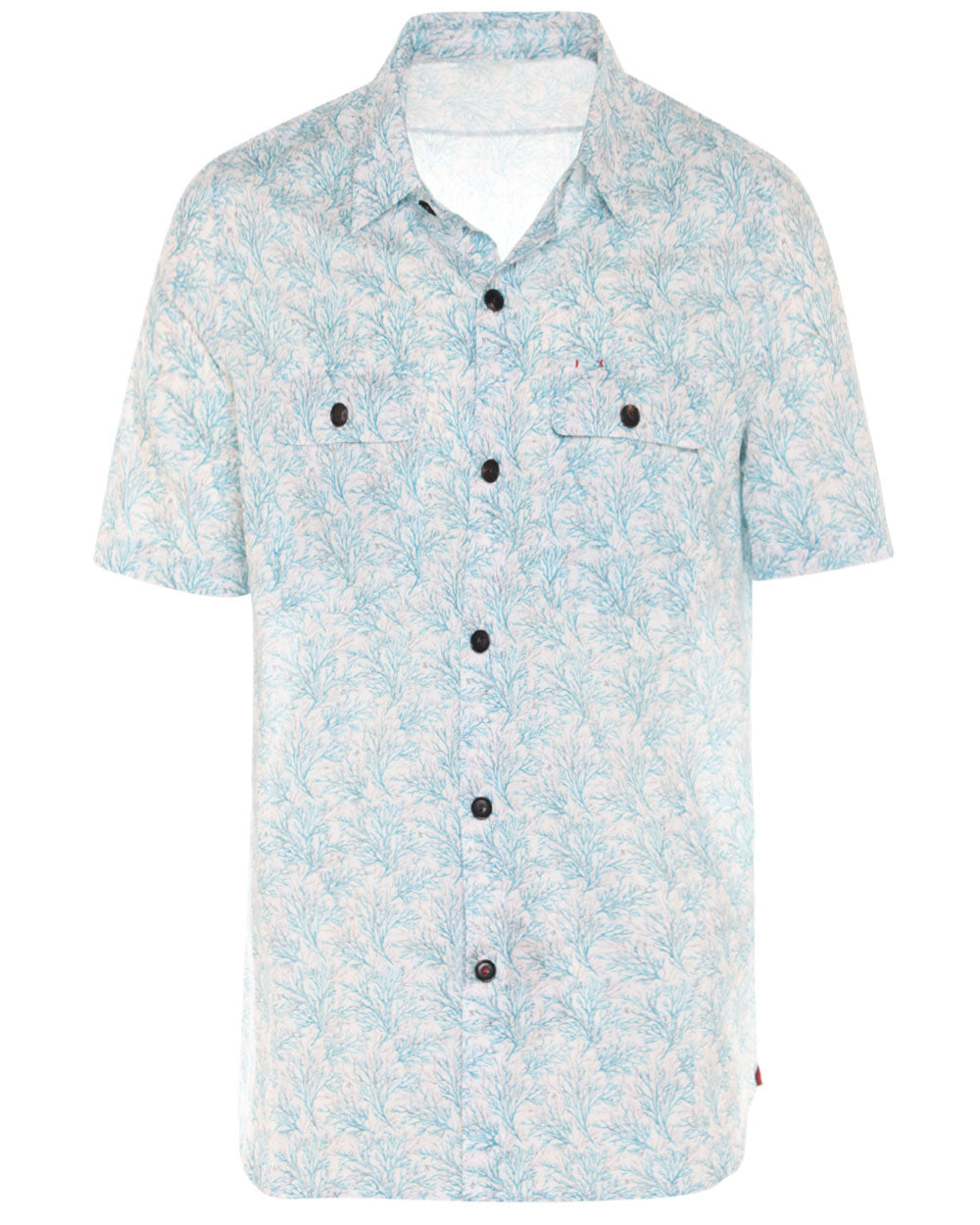 White and Turquoise Coral Print Cotton Short Sleeve Sportshirt