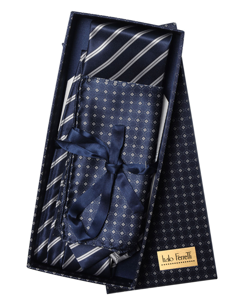 Navy and Silver Tie and Pocket Square Gift Box