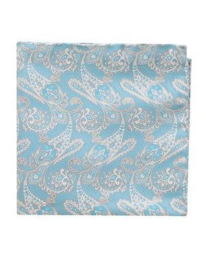 White and Turquoise Paisley Silk Pocket Square