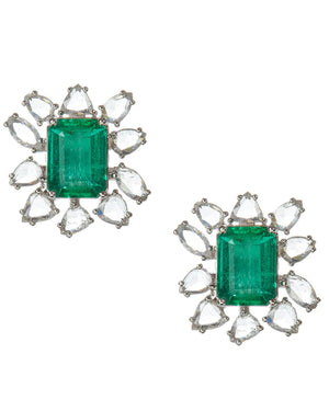 Emerald with Diamond Halo Stud Earrings