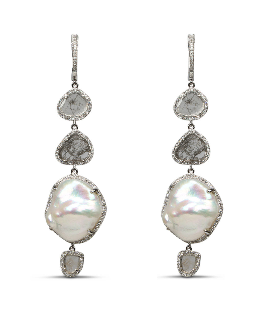 Sliced Diamond and Pearl Quad Earrings