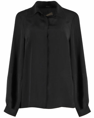 Black Pintuck Collar Button Down Shirt