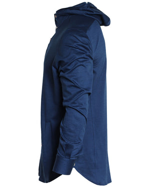 Blue Linen Blend Mariano Hooded Knit Shirt Jacket