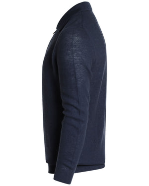 Navy Linen Blend Knit Quarter Zip Sweater