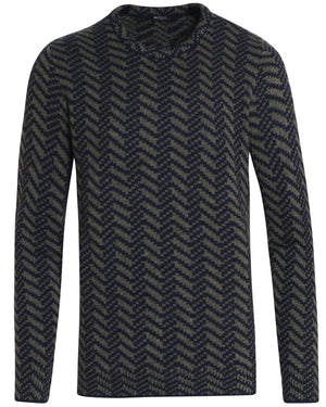 Navy and Olive Cashmere Geometric Crewneck Sweater