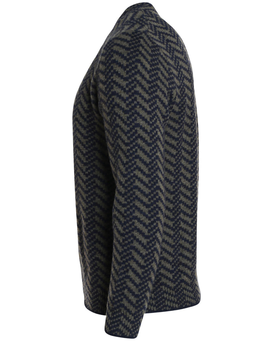 Navy and Olive Cashmere Geometric Crewneck Sweater