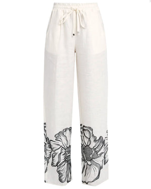 Off White and Black Embroidered Flower Wide Leg Pant