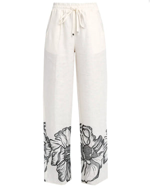 Off White and Black Embroidered Flower Wide Leg Pant