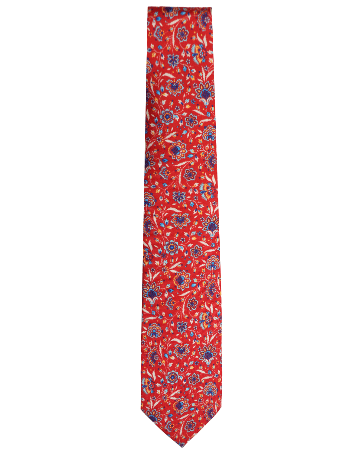 Red and Blue Floral Print Silk Tie