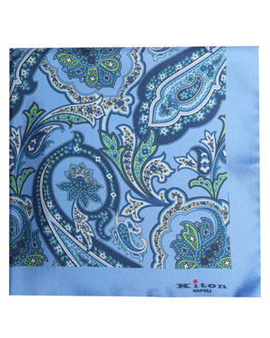 Sky Blue and Green Paisley Silk Pocket Square