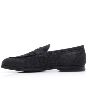 Suede Crocodile Casual Loafer in Black