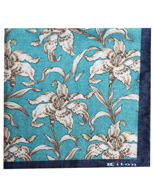 Turquoise and Beige Floral Silk Pocket Square