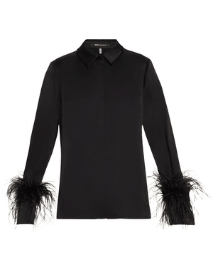 Black Murphy Feather-Trim Collared Blouse