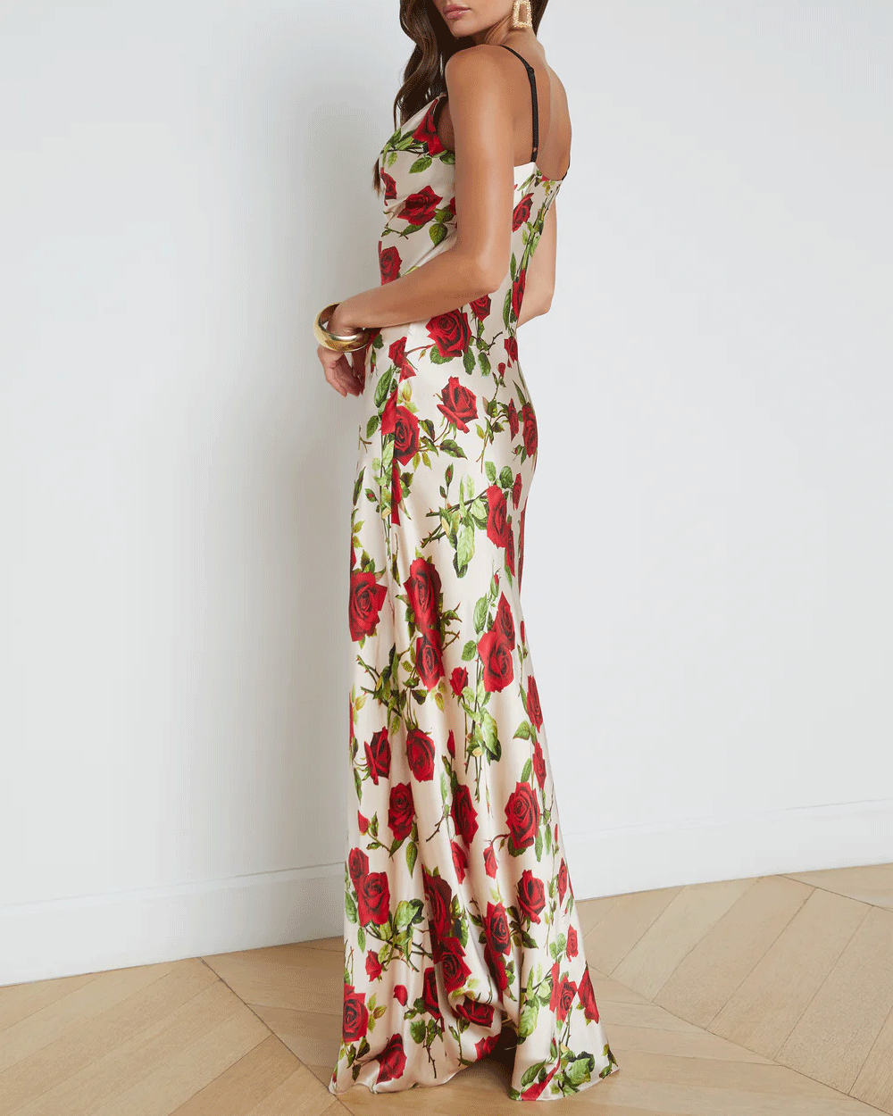 Sand and Red Rose Venice Cowl Lace Neck Gown