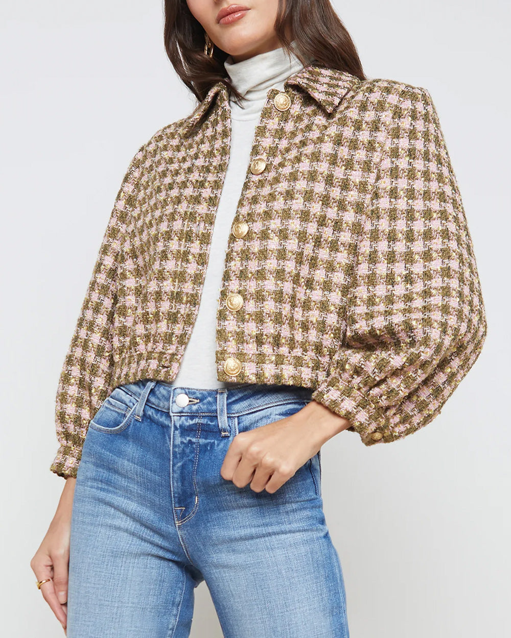 Army and Light Pink Check Bridges Crop Jacket