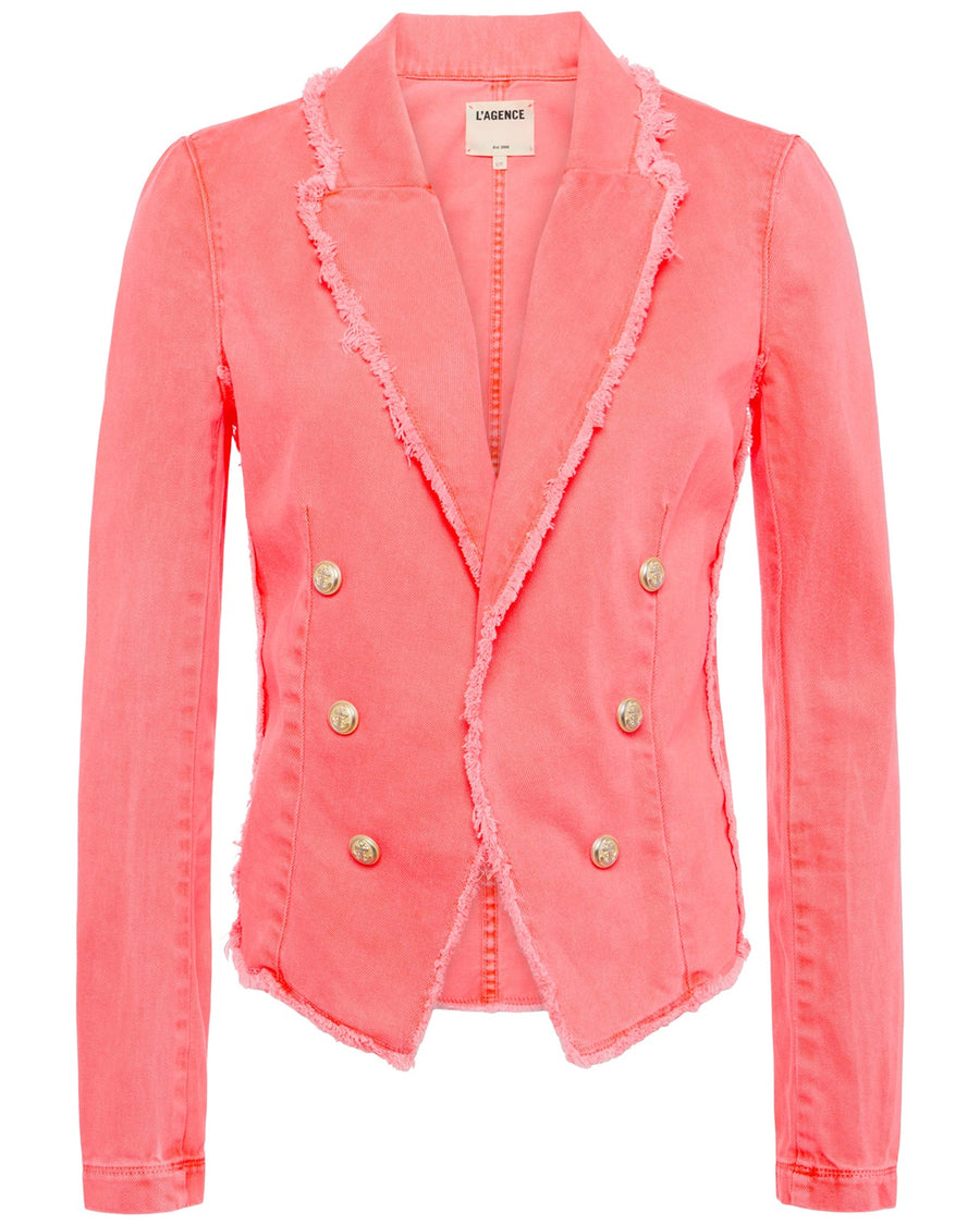 Wayne Crop Fray Denim Blazer in Neon Coral