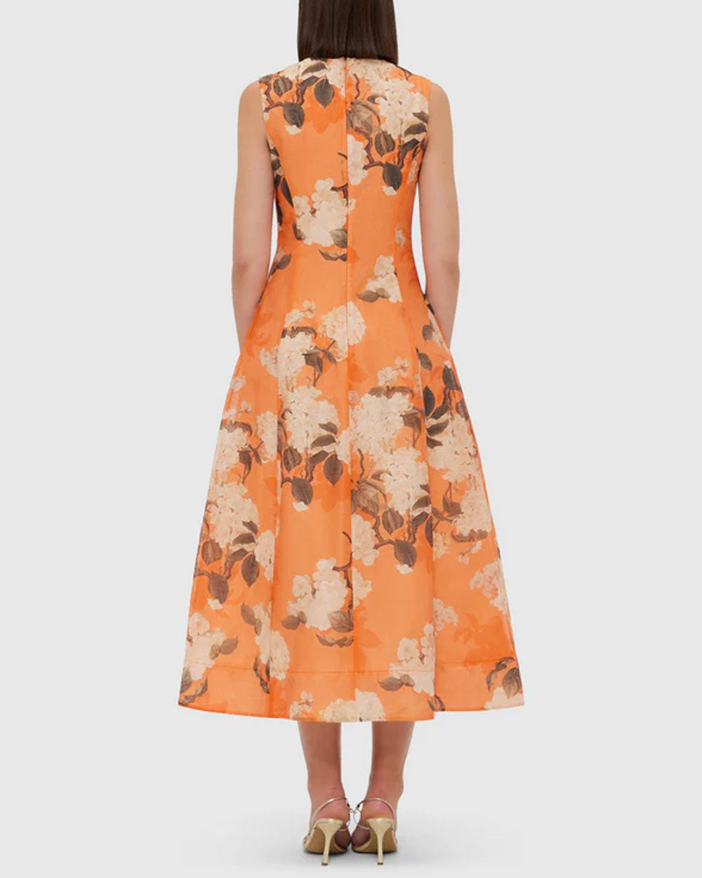 Tangerine Hydrangea Print Cleo Sleeveless Midi Dress