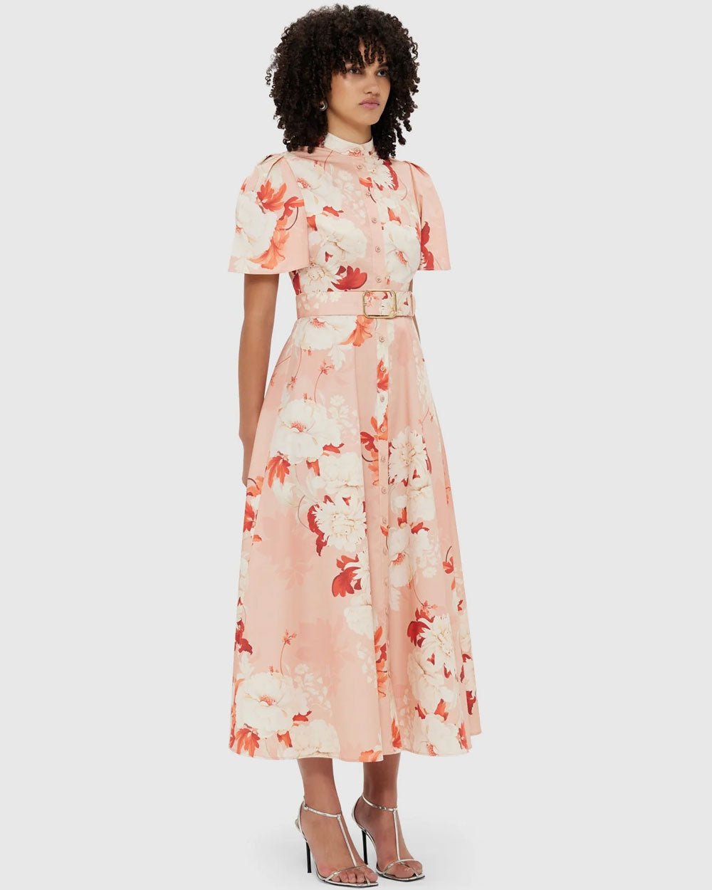 Peony Print Bianca Short Sleeve Midi Dress