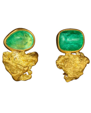 Gold Nugget and Emerald Earrings