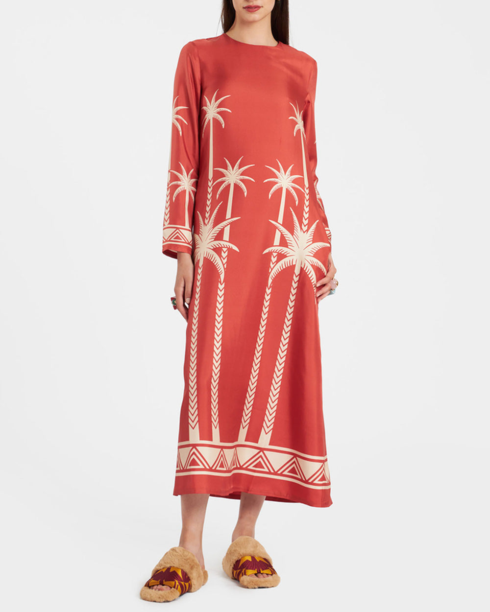 Date Palms Placee Red Long Sleeve Swing Dress