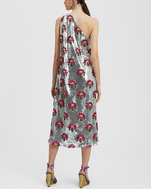 Textured Sequin Single Shoulder Roy Midi Dress