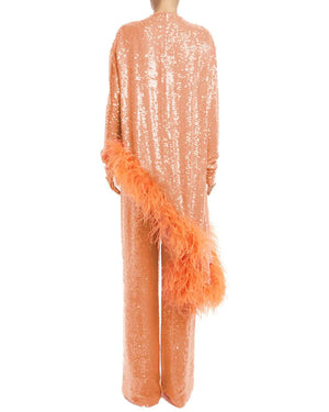 Coral Sequin Ostrich Feather Asymmetrical Tunic
