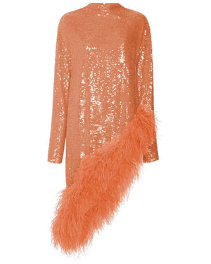 Coral Sequin Ostrich Feather Asymmetrical Tunic