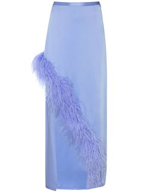 Periwinkle Satin Asymmetrical Ostrich Feather Maxi Skirt