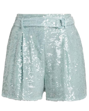 Soft Blue Sequin Belted Short