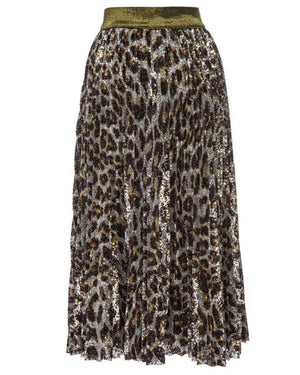 Leopard Shine Sequin Purrrfect Pleated Midi Skirt