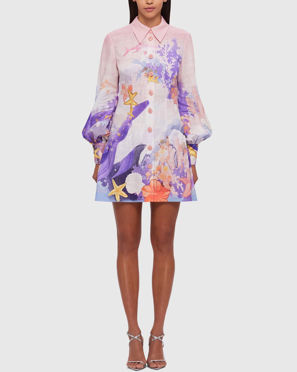 Neptune Print Coral Luminous Linen Mini Dress