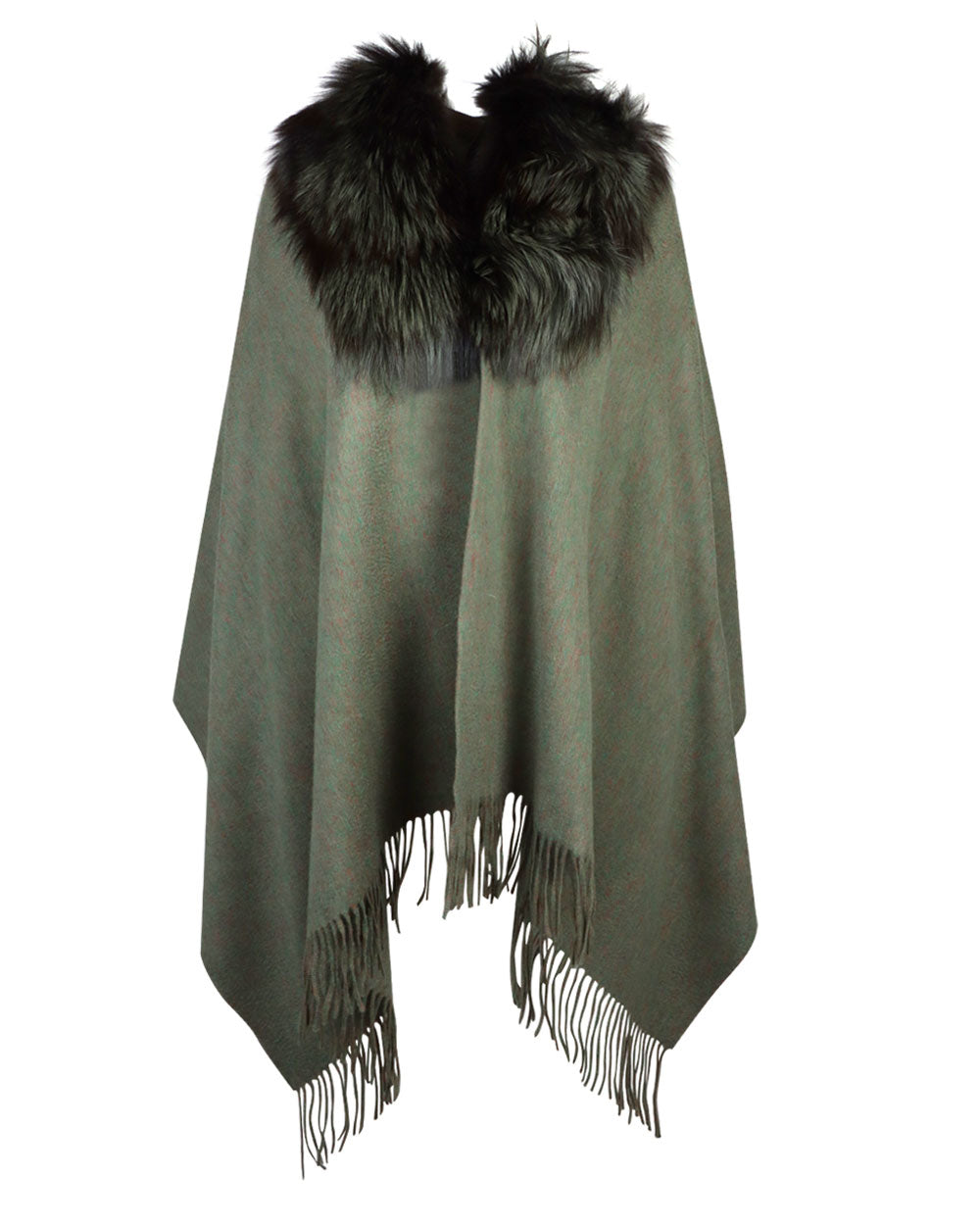 Fringed Fox Fur and Cashmere Blend Shaw in Olive