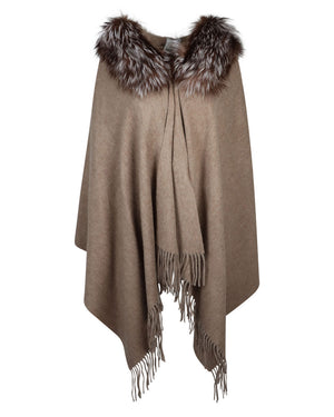 Fringed Fox Fur and Cashmere Blend Shaw in Taupe