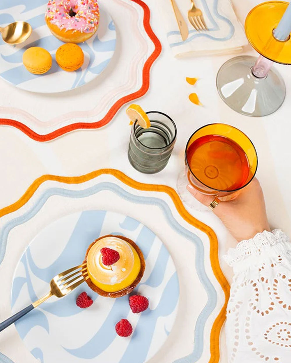 Colorblock Embroidered Linen Placemats in Blue and Amber