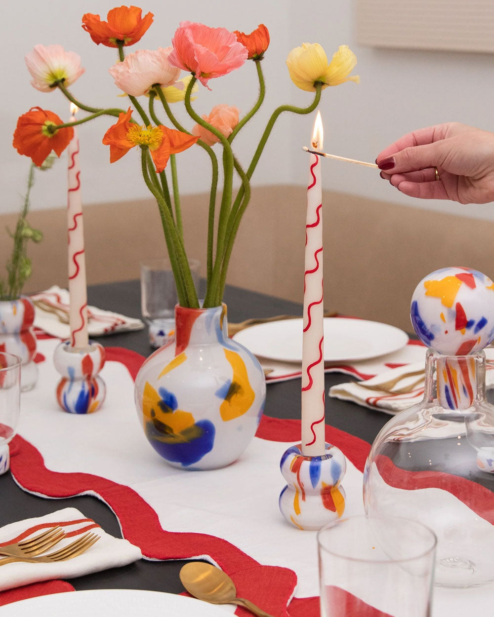 Primary Squiggle Hand Painted Candles in Red