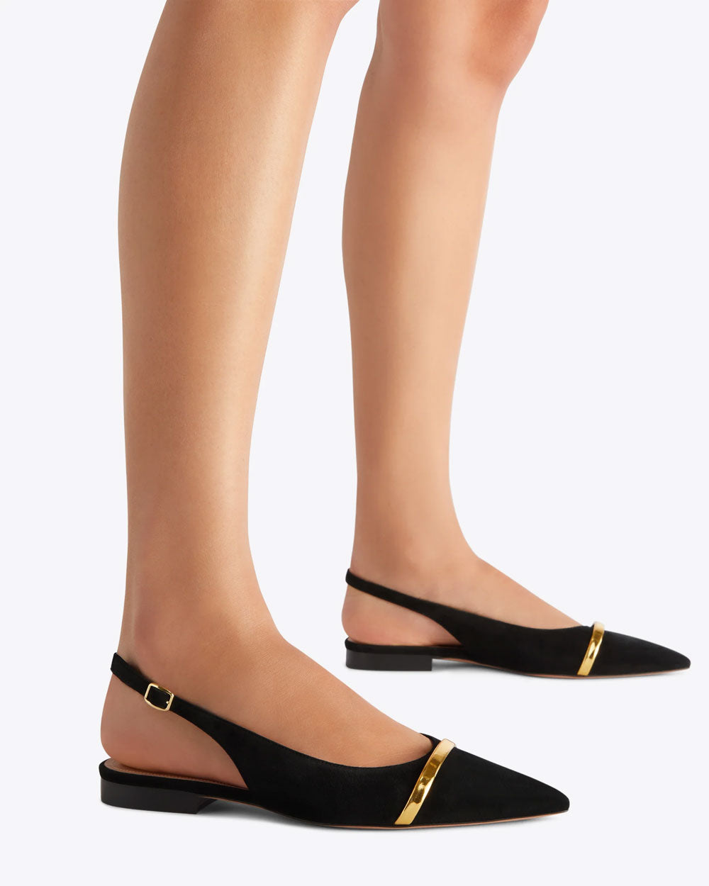 Jama Flat Suede Slingback in Black and Gold