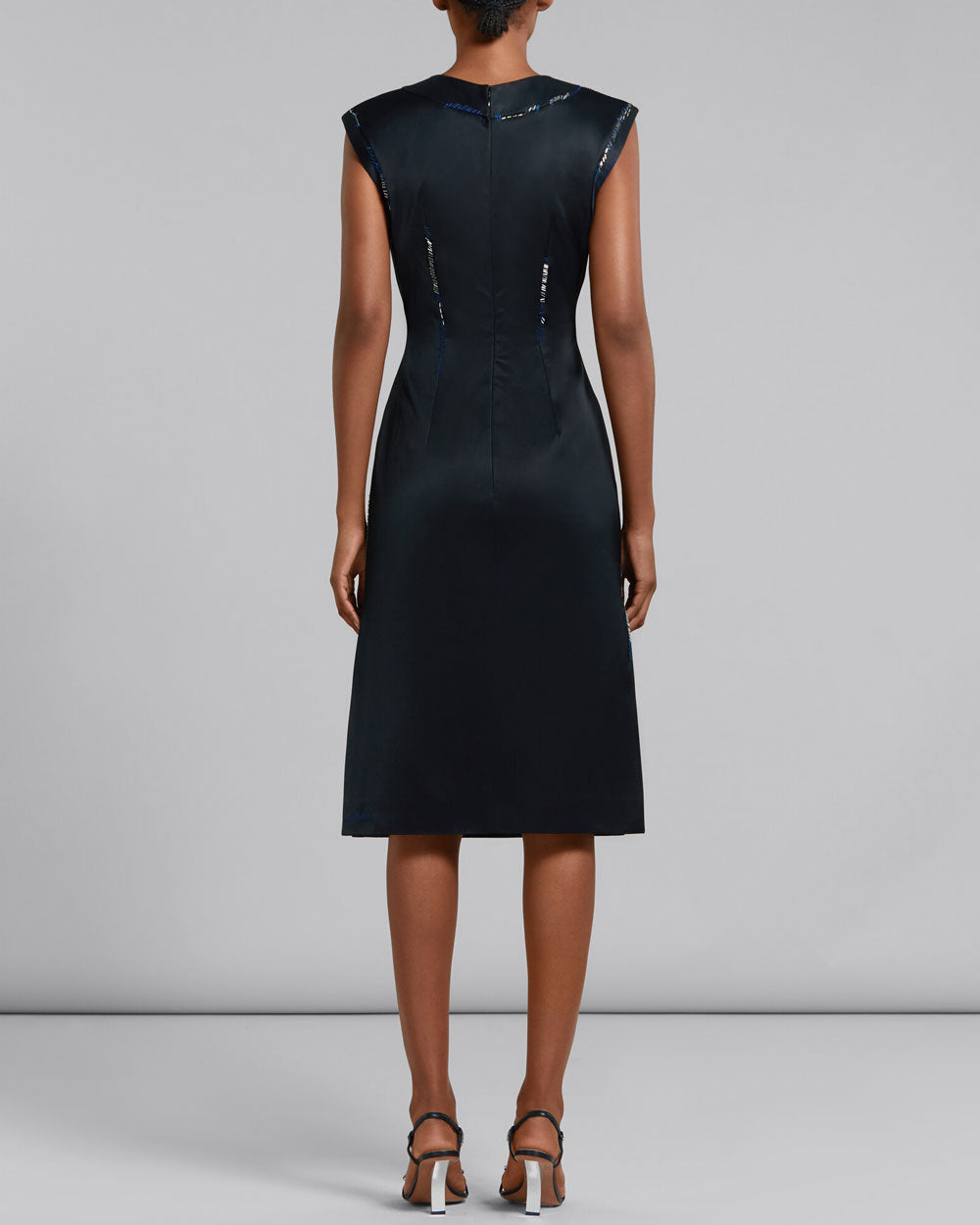 Black Satin Bead Embroidered Sleeveless Midi Dress