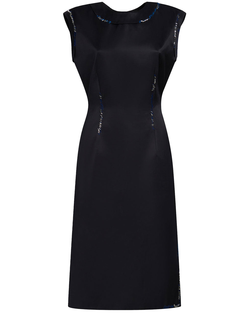 Black Satin Bead Embroidered Sleeveless Midi Dress