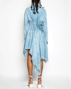 Pleated Chambray Shirt Dress in Light Blue