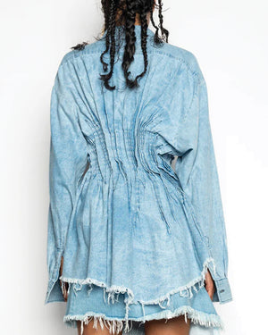 Pleated Chambray Shirt in Light Blue